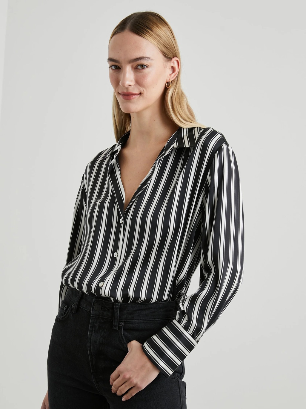 Rails Ledger Silk Button Up Blouse Shirt Melrose Stripe Black White Size Xl